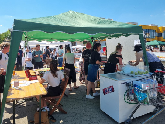 Ein grüner, leicht schiefer Pavillon spendet in diesem Bild einigen Menschen Schatten. Zwei Tische, eine große Kühltruhe, ein Einkaufswagen voller Getränke und einige Becher mit Limetten finden ebenfalls Schatten unter dem Pavillon. Das kann nur unser geliebter Cocktailstand sein! Und er ist es auch. Bei hellblauem Himmel und einer Menge Menschen auf dem Campus lässt sich ein Cocktail schließlich auch super genießen!