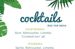 Ankündigungsplakat für Cocktails beim FSR Reha: Sex on the Beach, Safer Sex, Ipanema & Caipirinha